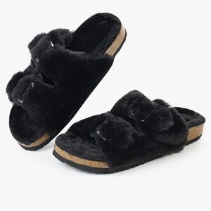 Womens Open Toe Buckle Sandel Faux Rabbit Fur Cork Slide Size 10